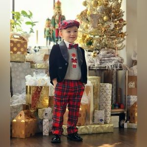 Janie and Jack Boys Red Plaid Hat, Bow tie, and Pants 2T